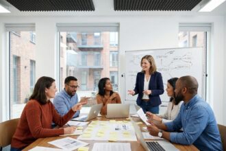 Groupe d'apprenants adultes engagés dans un atelier collaboratif de pédagogie participative autour d'une table avec post-it et ordinateurs