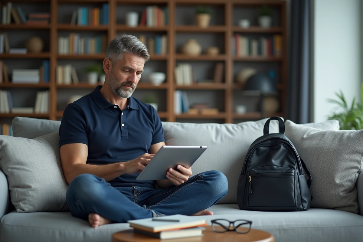 Père en garde alternée consultant le portail scolaire PSN Mon Lycée sur une tablette dans son appartement