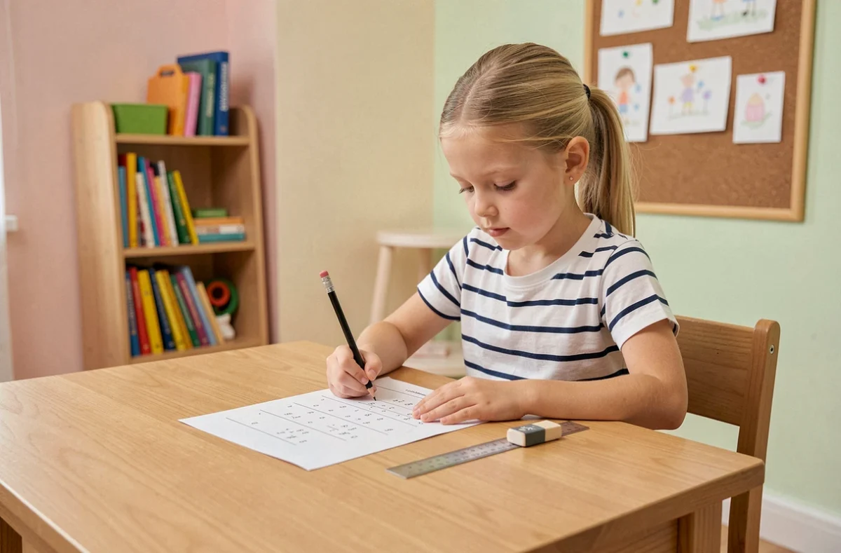 Petite fille de CE1 qui travaille sur une fiche de maths imprimée à son bureau dans sa chambre