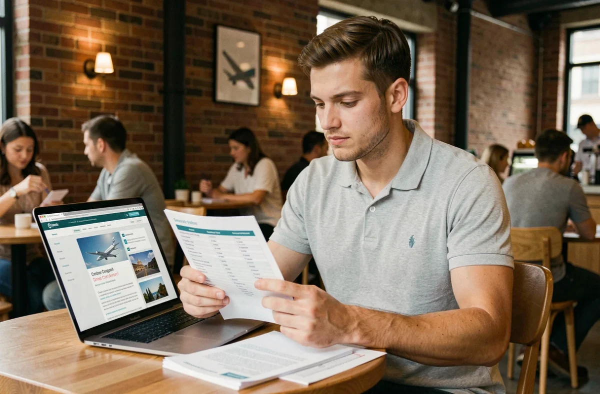 Candidat au programme cadet d'Air France préparant sa candidature avec des notes et un ordinateur portable dans un café moderne