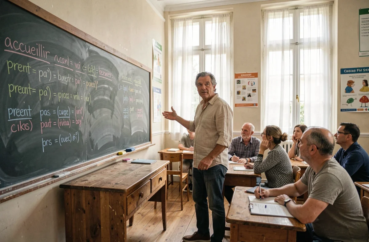 Professeur de français expliquant la conjugaison du verbe accueillir au présent devant un tableau noir en classe