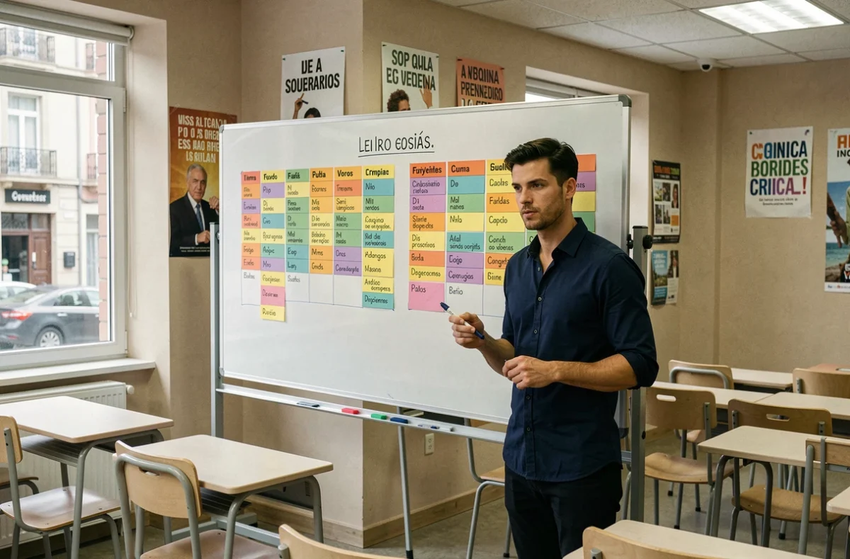 Professeur présentant un tableau de conjugaison espagnole coloré au tableau blanc en salle de classe