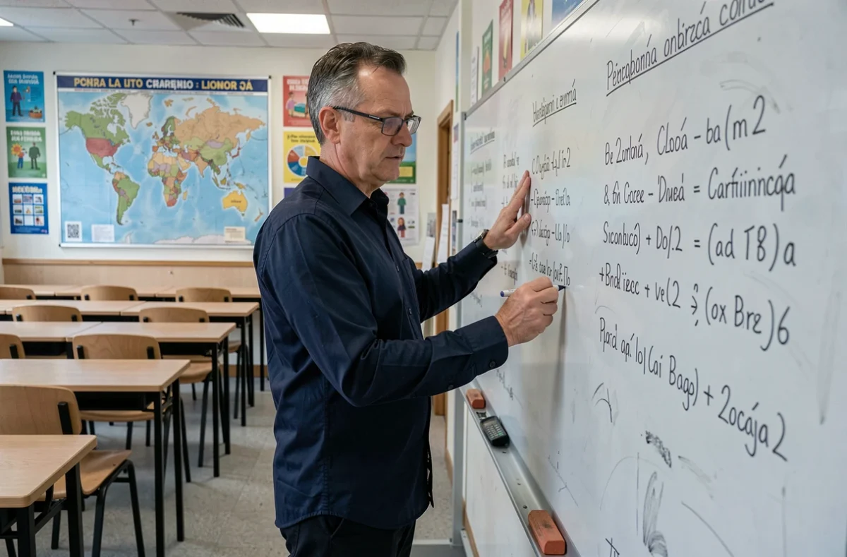 Professeur d'espagnol écrivant les règles d'accord du participe passé avec les verbes auxiliaires au tableau blanc dans une salle de classe