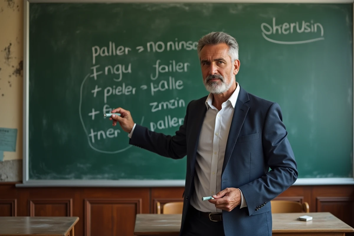 Professeur de français expliquant la différence entre les verbes du 1er et 2ème groupe au tableau