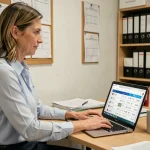Professeure utilisant un cahier de texte numérique sur son ordinateur portable dans la salle des professeurs