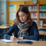 Professeure en classe au lycée avec tablette et notes