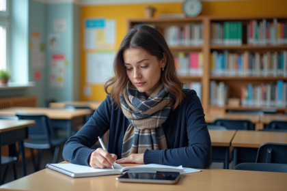 Professeure en classe au lycée avec tablette et notes
