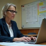 Professeure frustrée devant un écran d'erreur sur ordinateur portable lors d'un conseil de classe, LSU indisponible
