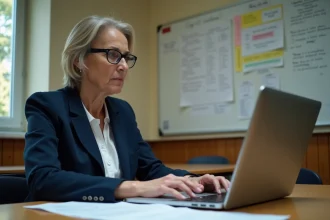 Professeure frustrée devant un écran d'erreur sur ordinateur portable lors d'un conseil de classe, LSU indisponible