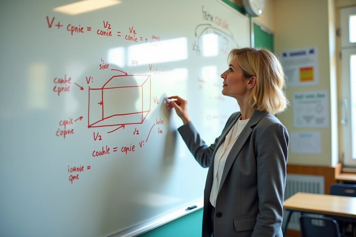 Professeure de mathématiques expliquant le calcul du volume d'un cube au tableau en classe de 6e