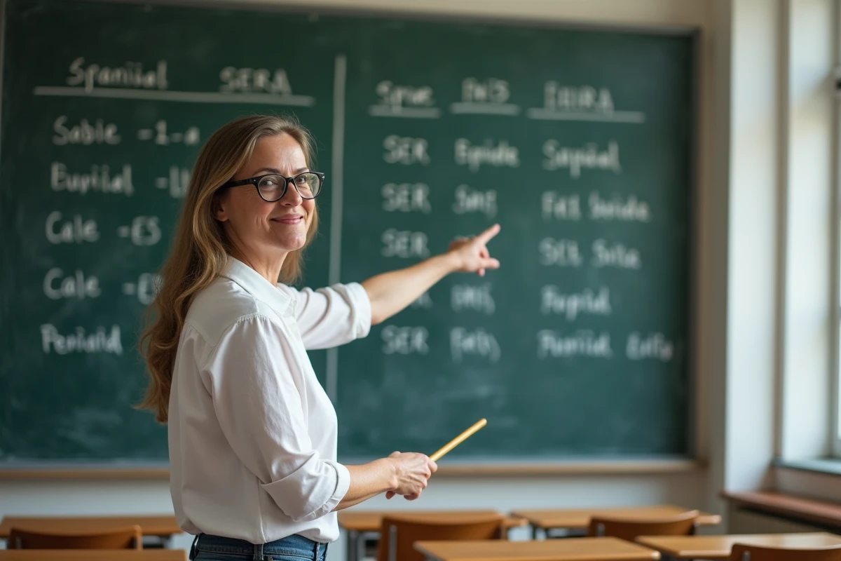 Professeure d'espagnol montrant au tableau les conjugaisons du verbe SER à différents temps dans une salle de classe