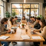Groupe d'élèves travaillant avec des professeurs particuliers dans un espace moderne en Auvergne-Rhône-Alpes