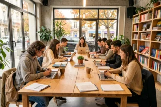 Groupe d'élèves travaillant avec des professeurs particuliers dans un espace moderne en Auvergne-Rhône-Alpes