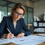 Professionnelle du BTP révisant ses documents de certification dans un centre de formation moderne