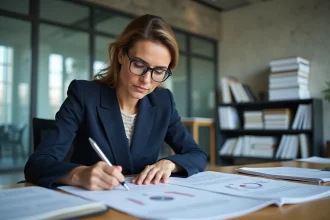 Professionnelle du BTP révisant ses documents de certification dans un centre de formation moderne