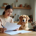 Jeune femme avec chien et chat examine documents de certification