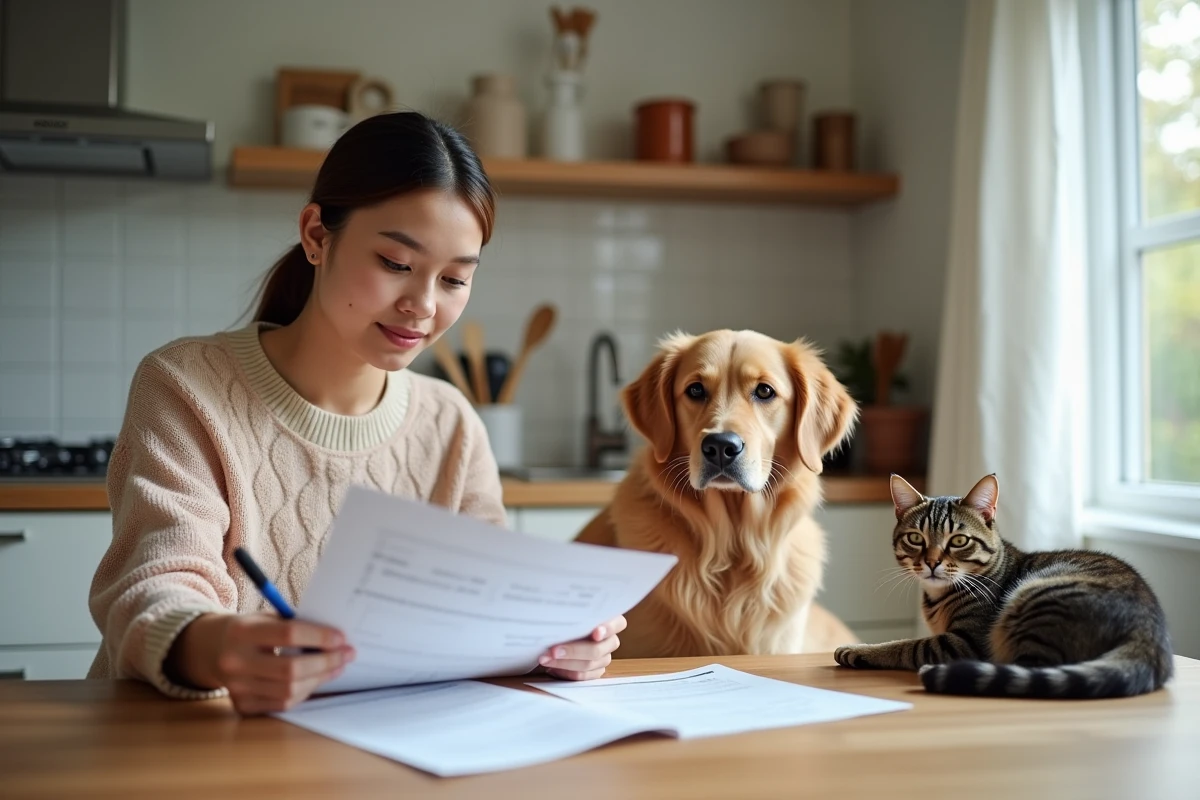 Jeune femme avec chien et chat examine documents de certification