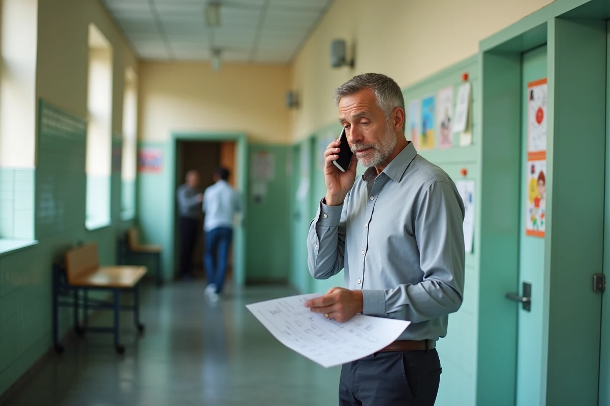 Chef d'établissement gérant une panne du LSU par téléphone dans un couloir de lycée le jour du conseil de classe