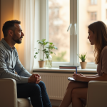 Psychologue et client dans un bureau chaleureux et lumineux