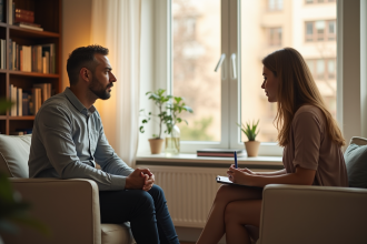 Psychologue et client dans un bureau chaleureux et lumineux