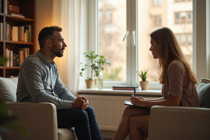 Psychologue et client dans un bureau chaleureux et lumineux