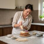 Femme en tablier blanc décorant un gâteau dans une cuisine moderne, envisageant une reconversion professionnelle dans la pâtisserie