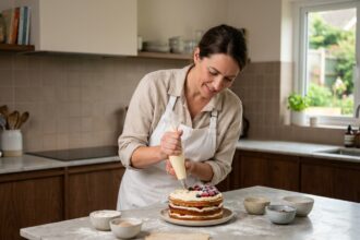 Femme en tablier blanc décorant un gâteau dans une cuisine moderne, envisageant une reconversion professionnelle dans la pâtisserie