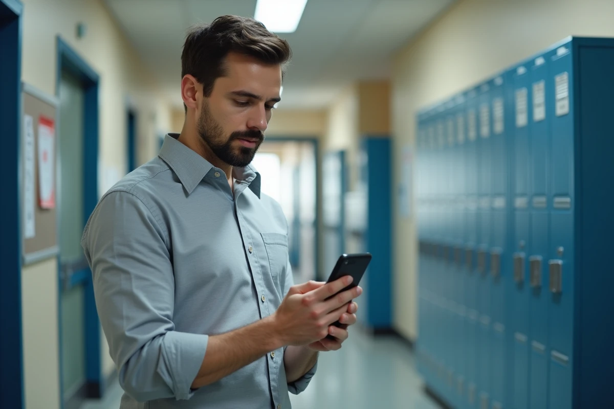 Responsable scolaire consultant les messages parents sur son téléphone dans un couloir d'école