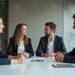 Quatre adultes en réunion de travail en entreprise