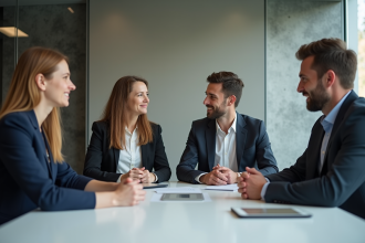 Quatre adultes en réunion de travail en entreprise