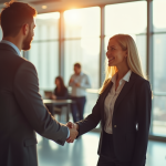 Femme d'affaires serrant la main d'un manager dans un bureau lumineux