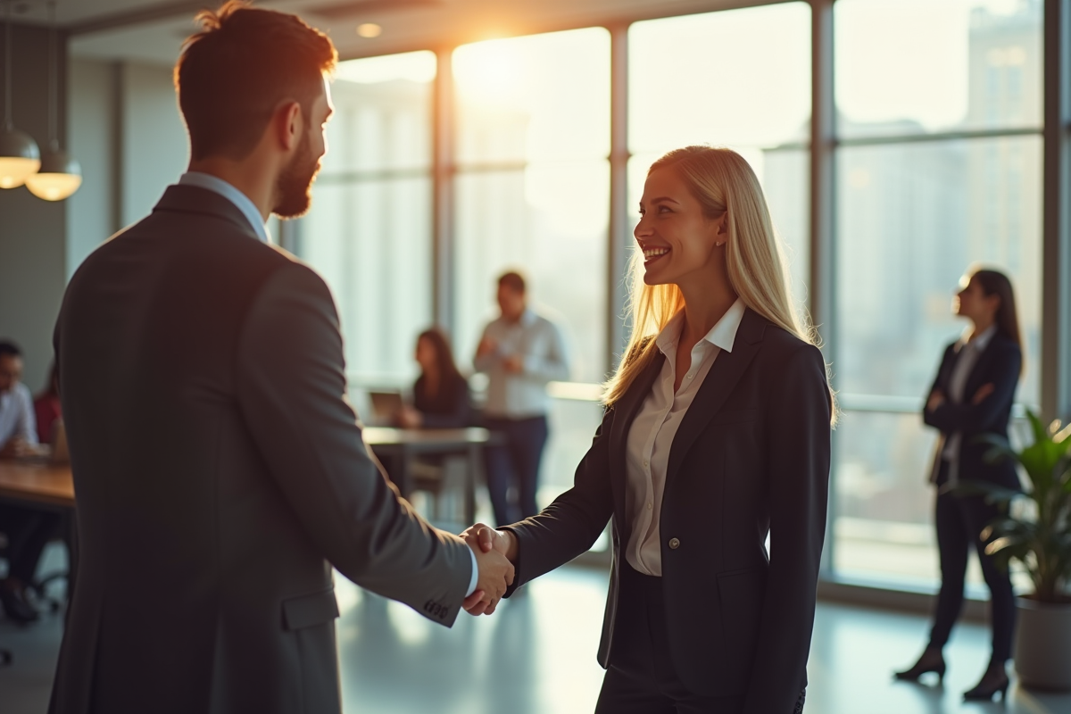 Femme d'affaires serrant la main d'un manager dans un bureau lumineux