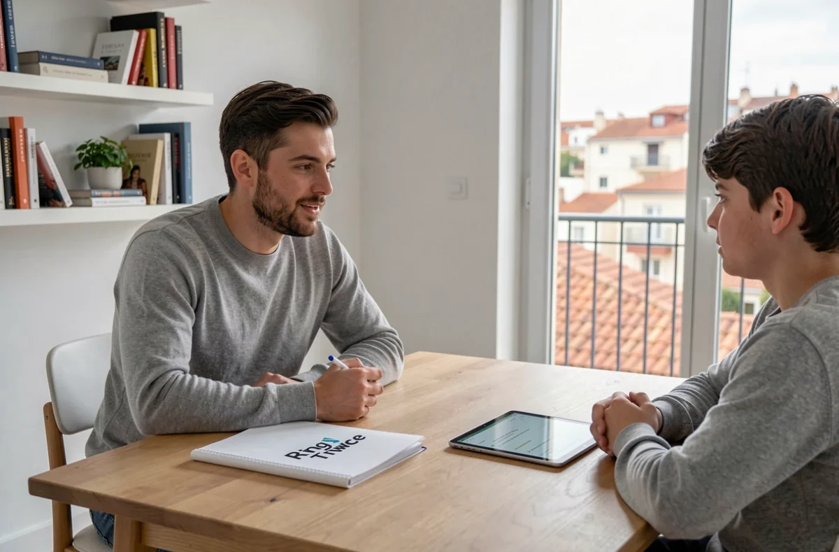 Un professeur particulier de Ring Twice donne une leçon structurée à un lycéen dans un appartement moderne à Marseille