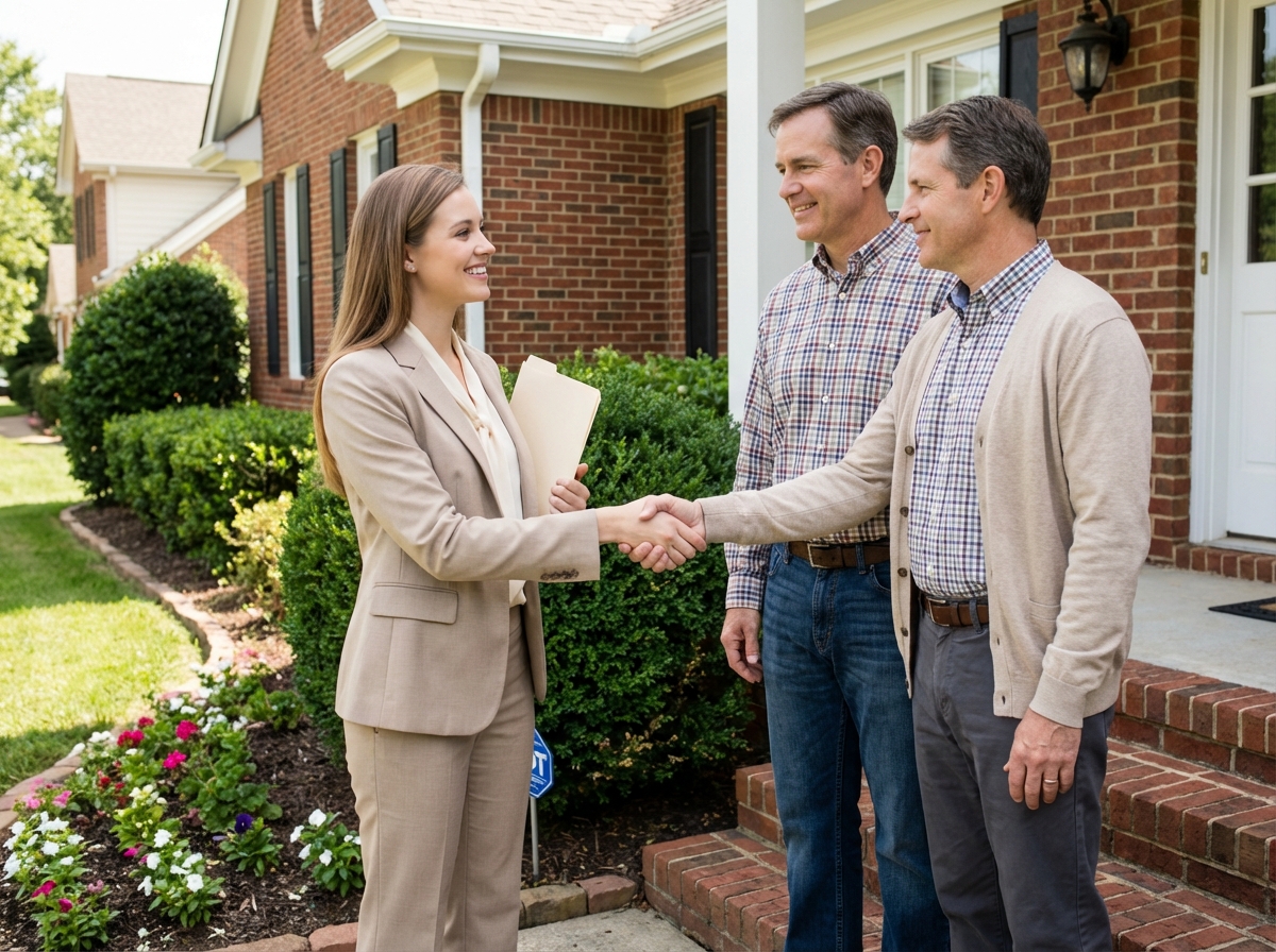 Agent immobilier souriant en train de signer avec des clients devant une maison