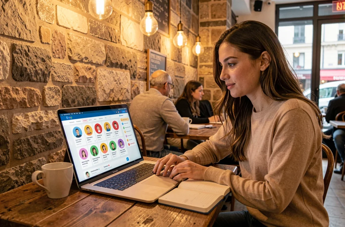 Jeune femme utilisant la plateforme Superprof Lyon pour trouver des cours toutes matières