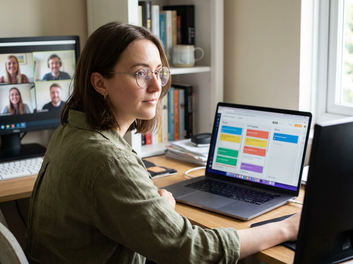 Femme en télétravail participant à une réunion en ligne sur un tableau Kanban partagé depuis son bureau à domicile