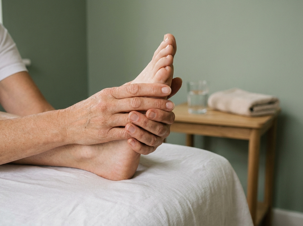 Gros plan des mains d'une soignante pratiquant un toucher massage thérapeutique sur le pied d'un patient en soin palliatif