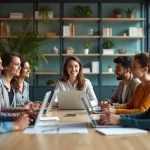 Groupe de collègues en réunion dans un bureau moderne