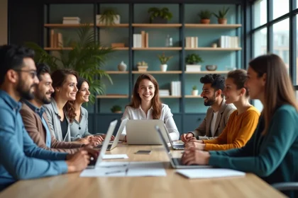 Groupe de collègues en réunion dans un bureau moderne