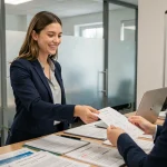 Femme accueillant un étudiant à la réception d'une école de langue avec une fiche de conjugaison du verbe accueillir