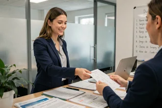 Femme accueillant un étudiant à la réception d'une école de langue avec une fiche de conjugaison du verbe accueillir