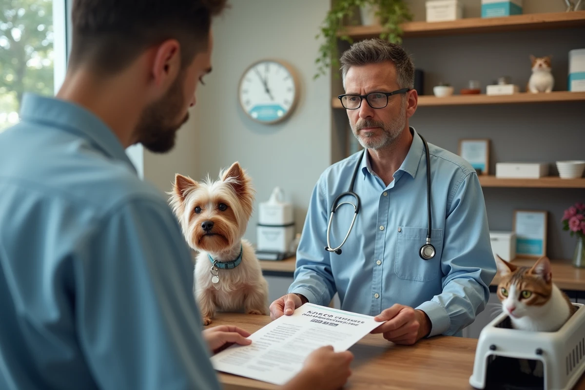 Vétérinaire remet brochure certification ACACED à un client dans la clinique